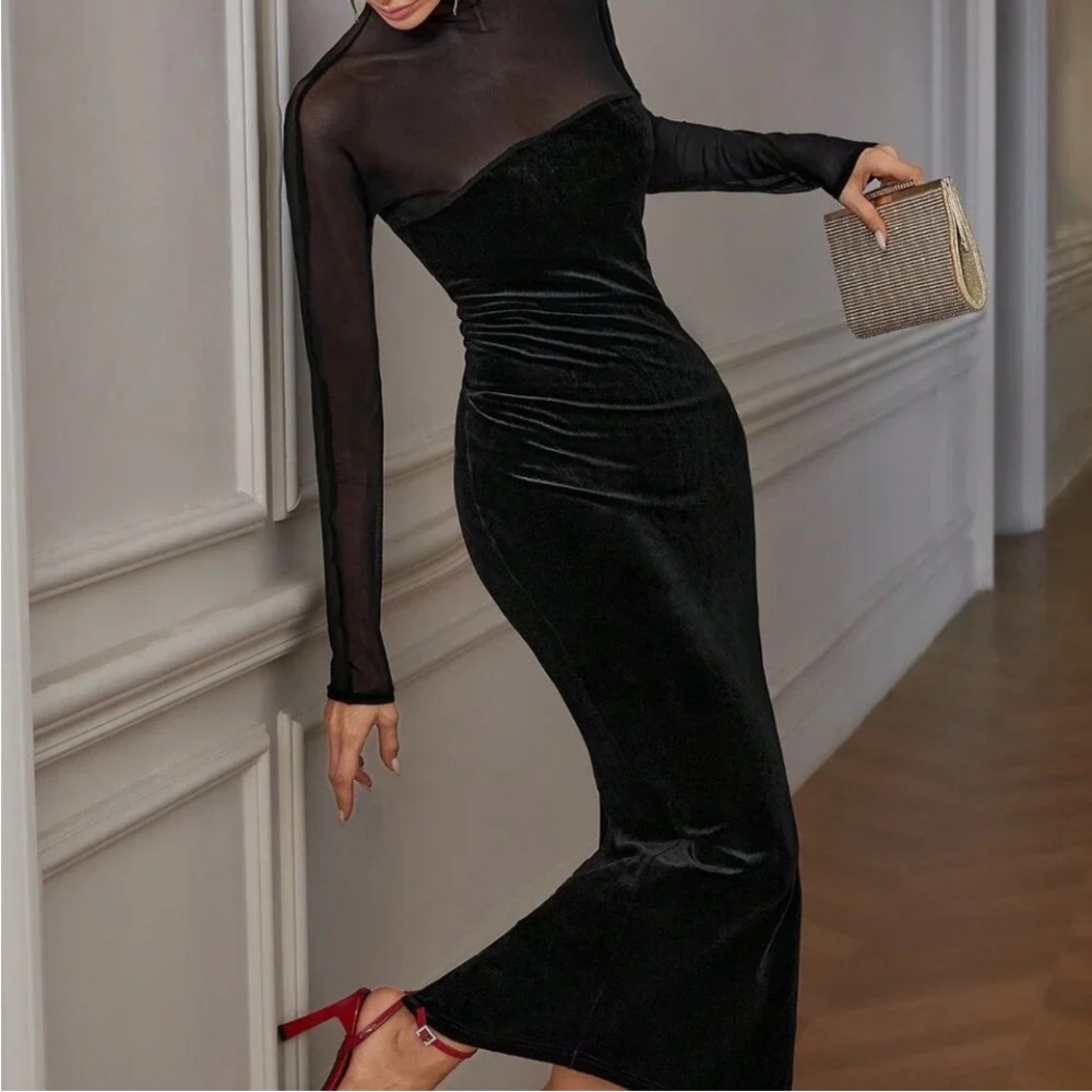 Black Elegant Women's French Velvet Contrast Mesh Long Sleeve Dress
